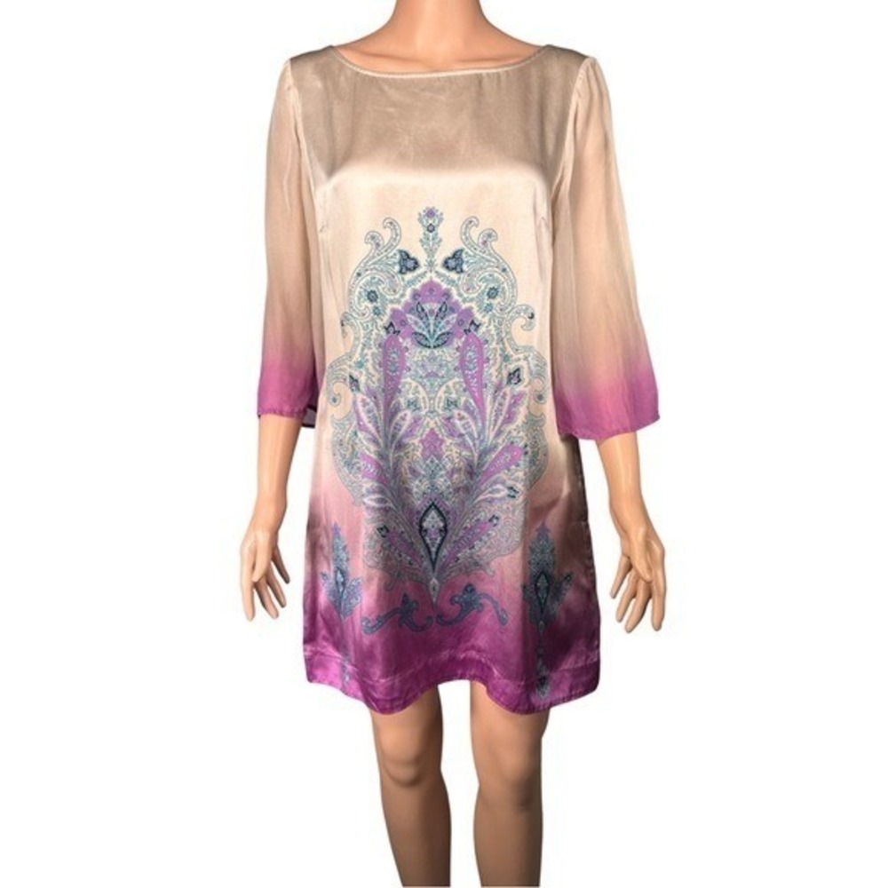 Monsoon Silk Ombre Paisley Tunic Dress Purple Champagne Boho 853093 US 10
